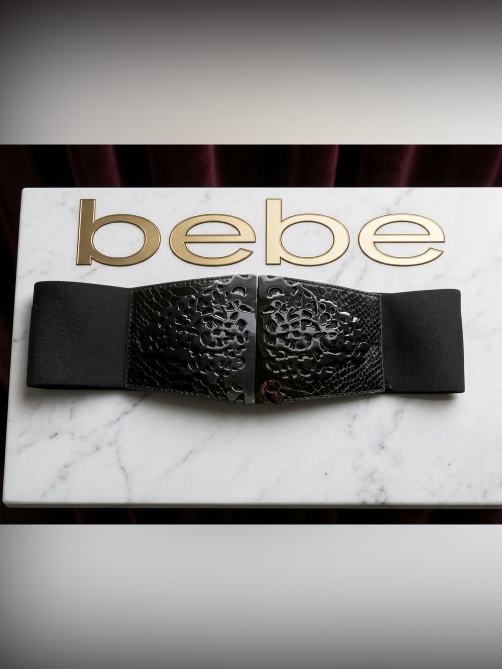bebe Black Elastic Wide Waist Cinch Belt Abstract Cutout Filigree Clasp Y2K S